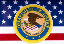 Department of Justice seal on American flag background