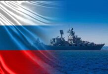 Warship overlaid with the Russian flag