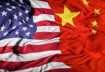 United States flag merged with China flag