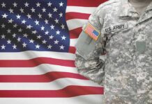 Soldier in camouflage uniform standing before American flag