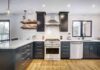 Modern kitchen with black cabinets and marble countertops
