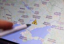 Map of Ukraine with nuclear warning symbol