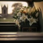 White flowers in a car with blurred background