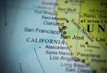 Close-up of California map showing major cities