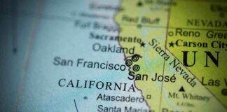 Close-up of California map showing major cities