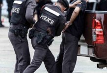Police officers arresting a handcuffed person