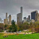 City skyline with park and people relaxing