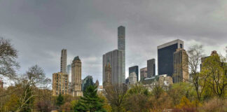 City skyline with park and people relaxing