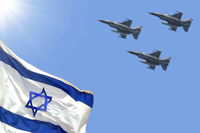 1965607009 Israeli flag with three fighter jets flying overhead