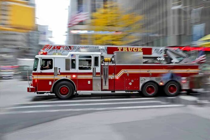 251308867 featured image Red fire truck driving through city street crosswalk