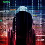 Hooded figure with cybersecurity terms and binary code background