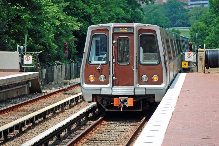shutterstock_64590865.jpg Metro train arriving at a station surrounded by greenery