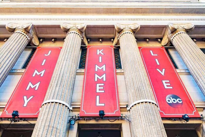 Exterior view of a television studio featuring large banners for Jimmy Kimmel Live