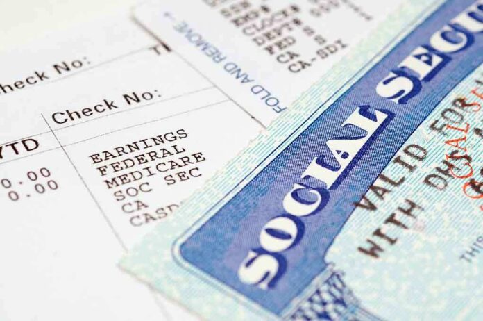 Close-up of a pay stub and a social security card