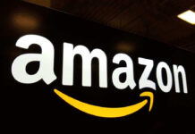 Amazon logo with yellow curved arrow underneath.