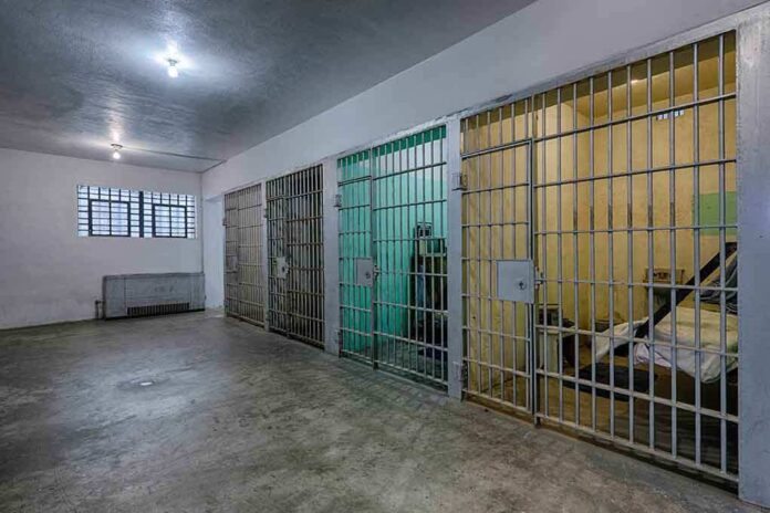 shutterstock_154636196.jpg Interior view of a prison cell block with metal bars and concrete flooring