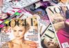 A collection of Vogue magazines featuring various covers and celebrity portraits
