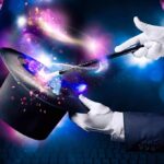 A magician performing with a top hat and wand, creating magical effects
