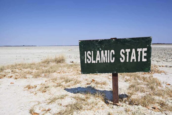 shutterstock_478781668 (1).jpg A weathered sign reading ISLAMIC STATE in a barren landscape