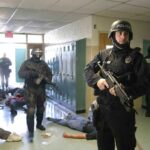 Police officers responding to a school emergency with students on the floor