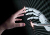 AI Mind-Reading — Decodes PERSONAL THOUGHTS! Human and robotic hands almost touching fingers.