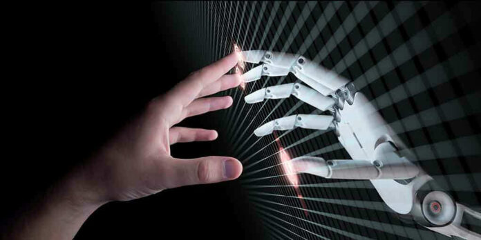 Human and robotic hands almost touching fingers.