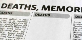 Newspaper page featuring death announcements and obituaries
