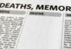 Newspaper page featuring death announcements and obituaries
