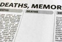 Newspaper page featuring death announcements and obituaries