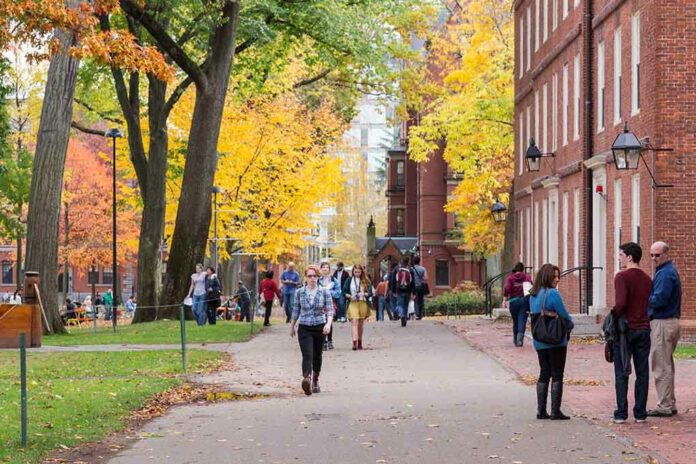 People walking on a college campus in autumn.