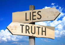 Judge Strikes Down ‘Lying Teacher’ Law Signs pointing to Lies and Truth against sky.