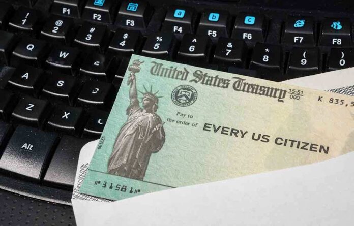A US Treasury check placed on a black keyboard
