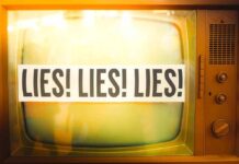 A vintage television displaying the words 'LIES! LIES! LIES!'
