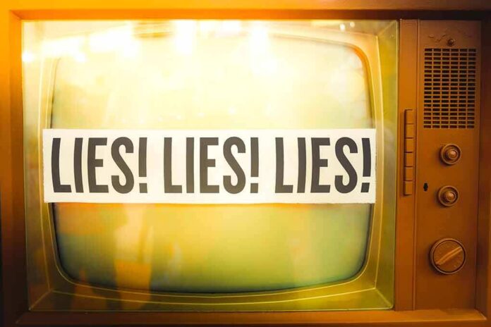 A vintage television displaying the words 'LIES! LIES! LIES!'