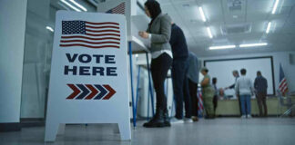 Sign reading Vote Here in a polling station.
