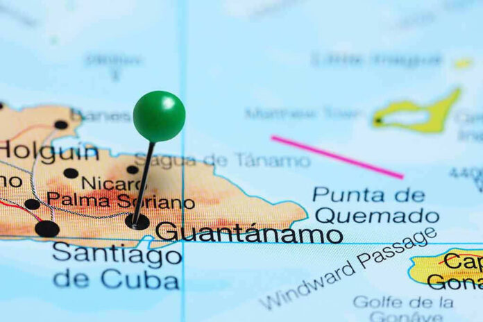 452837251 Map with pin on Guantánamo, Cuba.