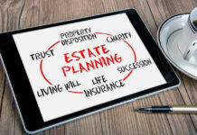 Tablet displaying estate planning related terms nearby coffee cup