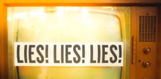 A vintage television displaying the words 'LIES LIES LIES'