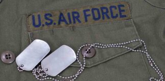 Close-up of a U.S. Air Force uniform with dog tags