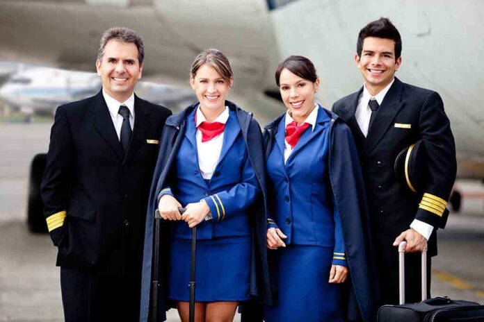 Group of airline crew members posing together at an airport