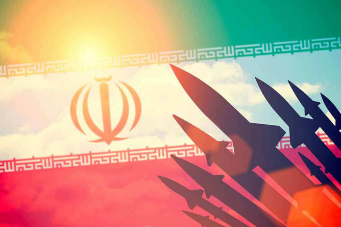 Silhouettes of missiles over Irans flag graphic.