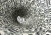 A swirling tunnel made of dollar bills creating a vortex effect
