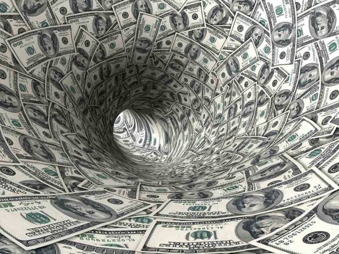 A swirling tunnel made of dollar bills creating a vortex effect