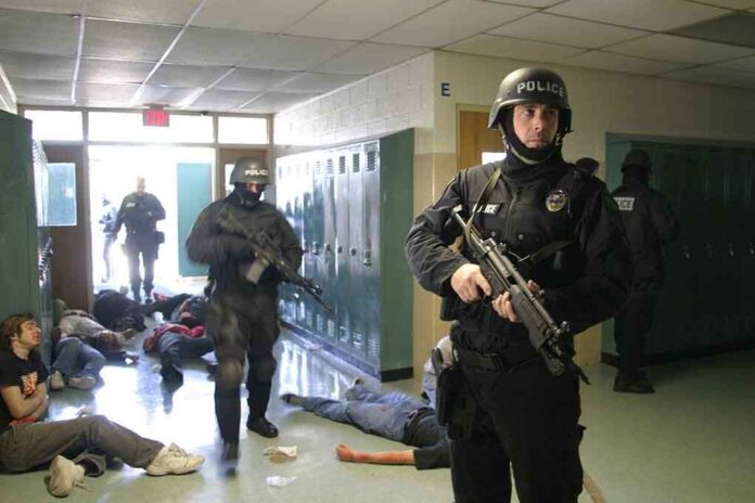 shutterstock_665892.jpg Police officers responding to a school emergency with students on the floor