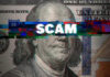 Scam text overlaid on distorted 100 dollar bill