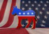 A donkey symbol representing the Democratic Party in front of an American flag background