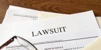 Documents labeled Lawsuit with glasses on top.