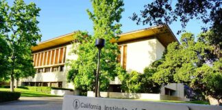 Exterior view of the California Institute of Technology building surrounded by trees