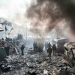 Ukraine Kidnapping Allegations: Truth or Fabrication? A chaotic protest scene with smoke, fire, and people holding flags