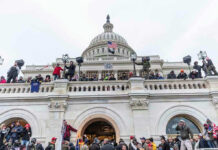 Crowd gathered on steps of Capitol building.